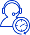 icône de contour bleu d'une personne au service de la clientèle avec un casque d'écoute et une horloge indiquant 24 heures
