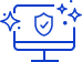 ícone de contorno azul de um ecrã de computador de secretária com um escudo no meio