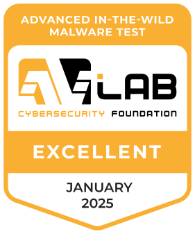 AV Lab certification badge with Excellent rating for advanced in-the-wild malware testing for 2025
