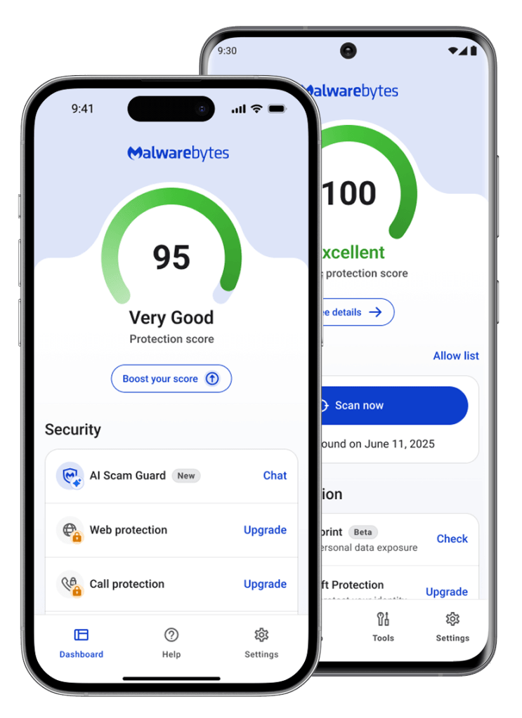 Le tableau de bord de l'application Malwarebytes Mobile s'affiche sur deux appareils, un apple iphone et un samsung android .