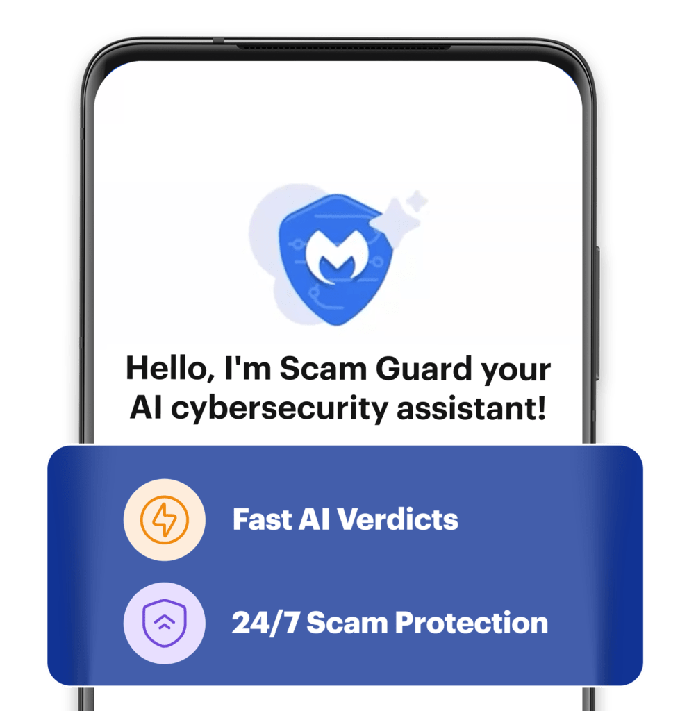 Interface Malwarebytes Scam Guard no telemóvel com um banner da funcionalidade.
