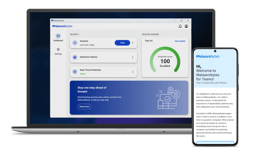 Generisches Laptop-Bild mit dem Malwarebytes Teams  Produkt-Dashboard auf dem Bildschirm. Rechts neben dem Laptop ist ein generisches Smartphone zu sehen, das eine E-Mail anzeigt, in der der Benutzer zu Teams begrüßt wird.