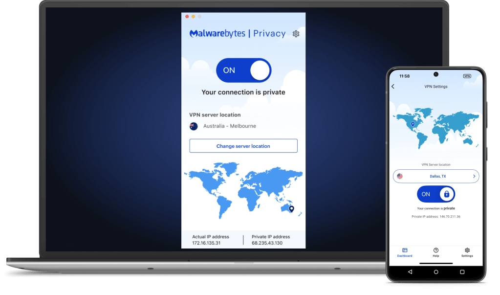 Un ordinateur portable et un appareil mobile affichant tous deux l'écran principal de l'application VPN Malwarebytes .